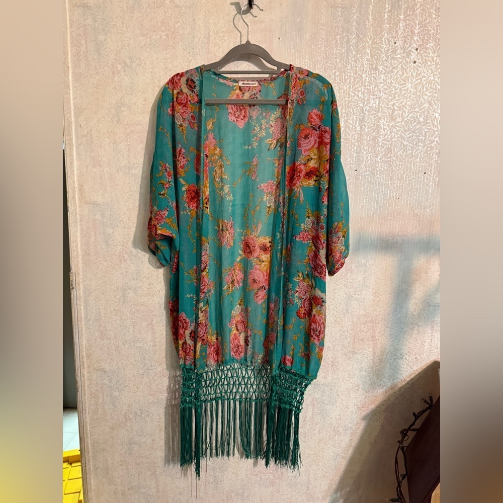 Floral Beach Cover Up Tassels Boho Western Hippie One Size Turquoise Gold Red